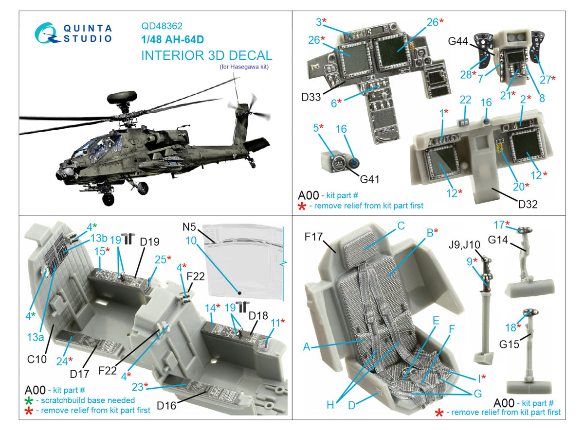 Bell/Boeing AH-64D 3D-Printed coloured Interior on decal paper (designed to be used with Hasegawa kits)