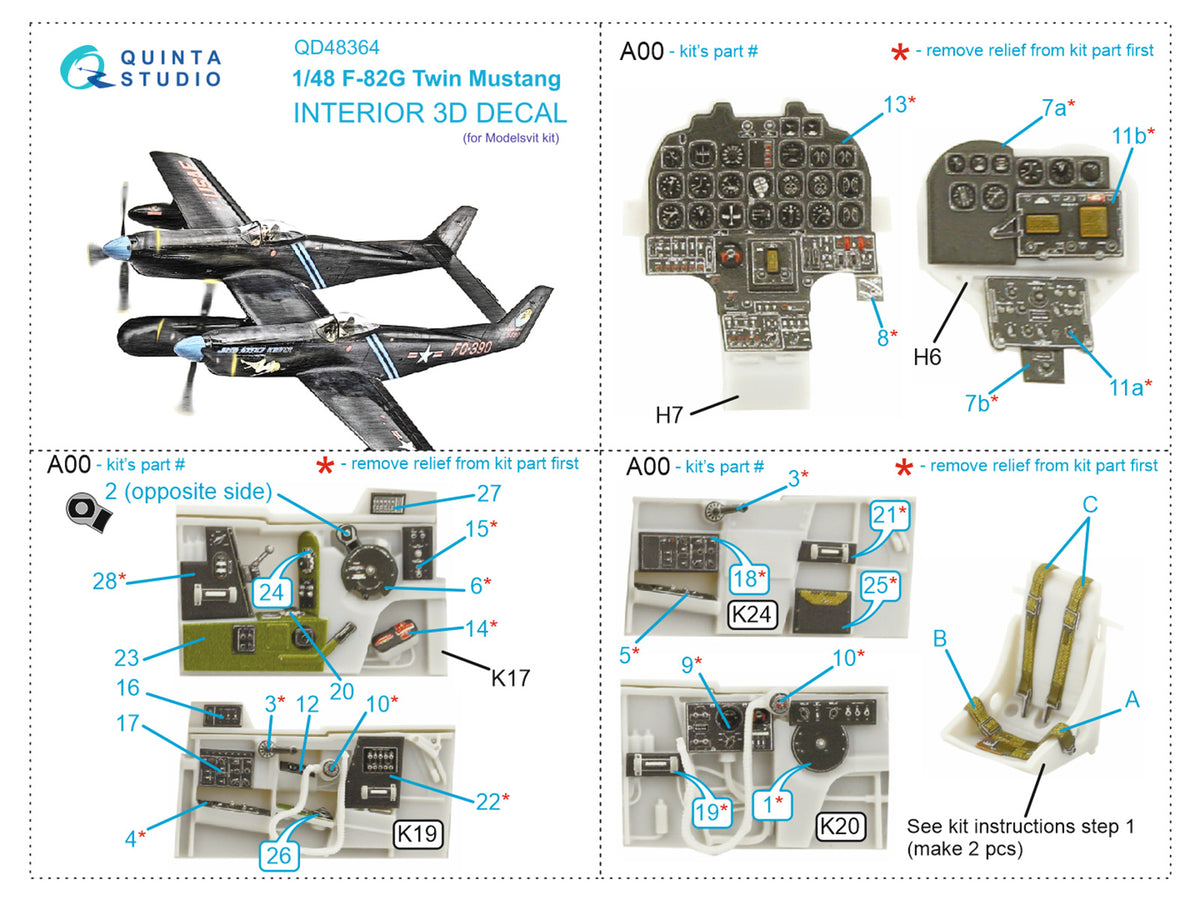 North-American F-82G Twin Mustang 3D-Printed coloured Interior on decal paper (designed to be used with Modelsvit kits)