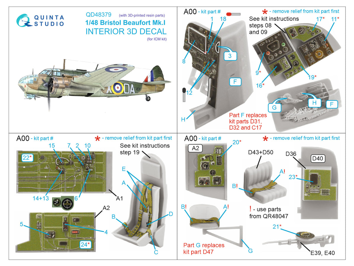 Bristol Beaufort Mk.I 3D-Printed coloured Interior on decal paper (designed to be used with ICM UA UK kits) (with (3D-Printed) resin parts)