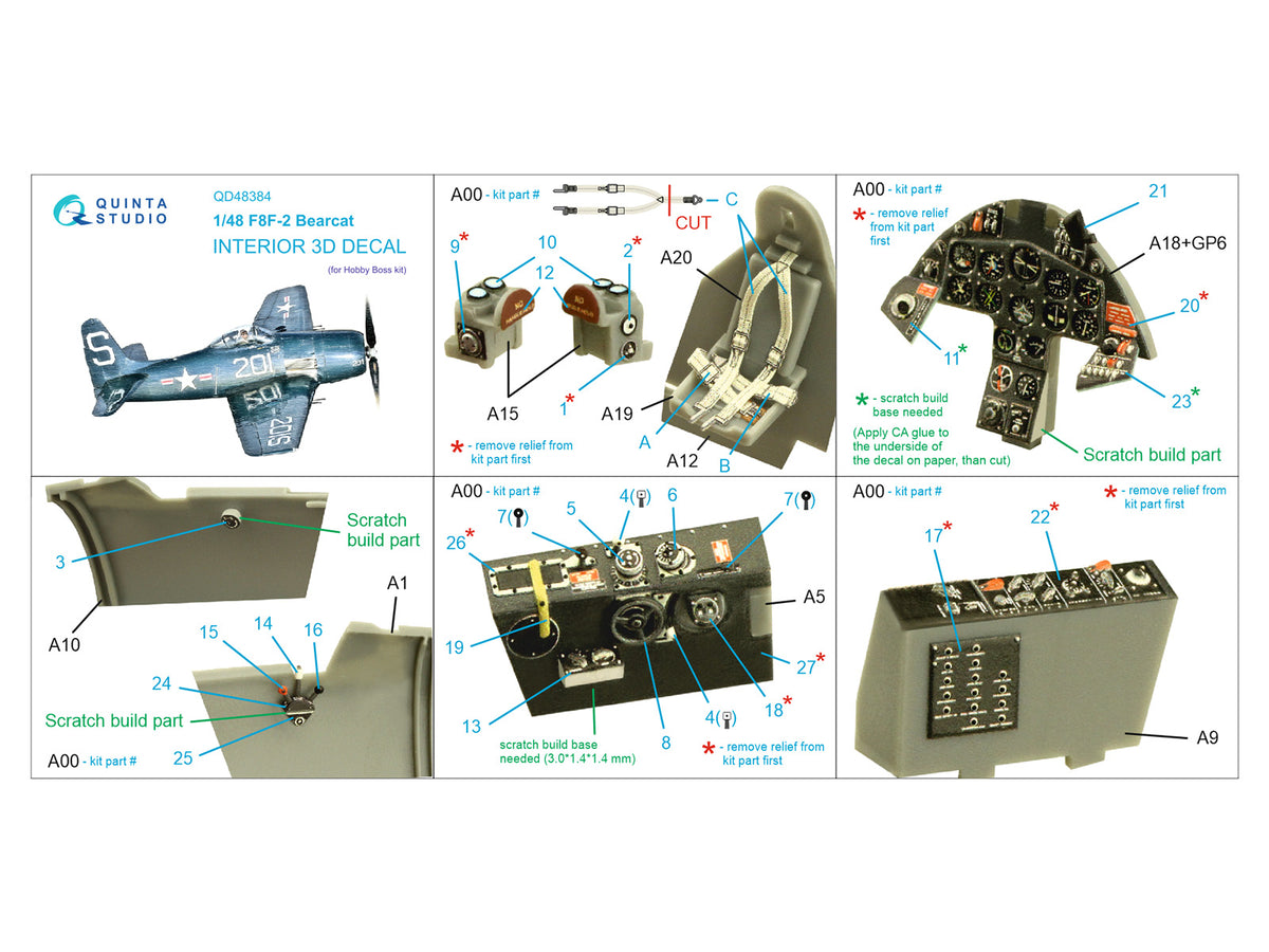 Grumman F8F-2 Bearcat 3D-Printed coloured Interior on decal paper (designed to be used with Hobby Boss kits)