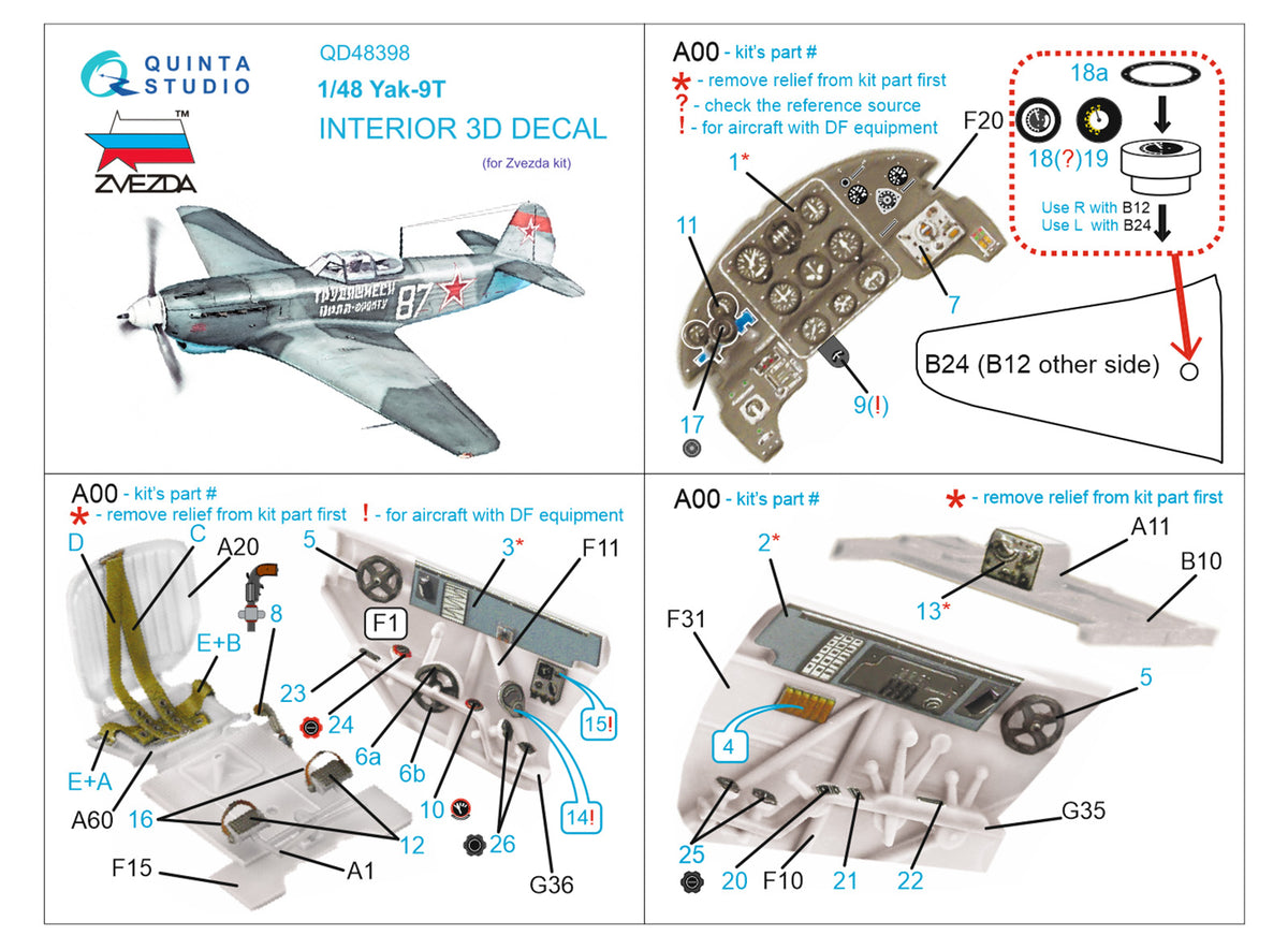 Yakovlev Yak-9T 3D-Printed coloured Interior on decal paper (designed to be used with Zvezda kits)