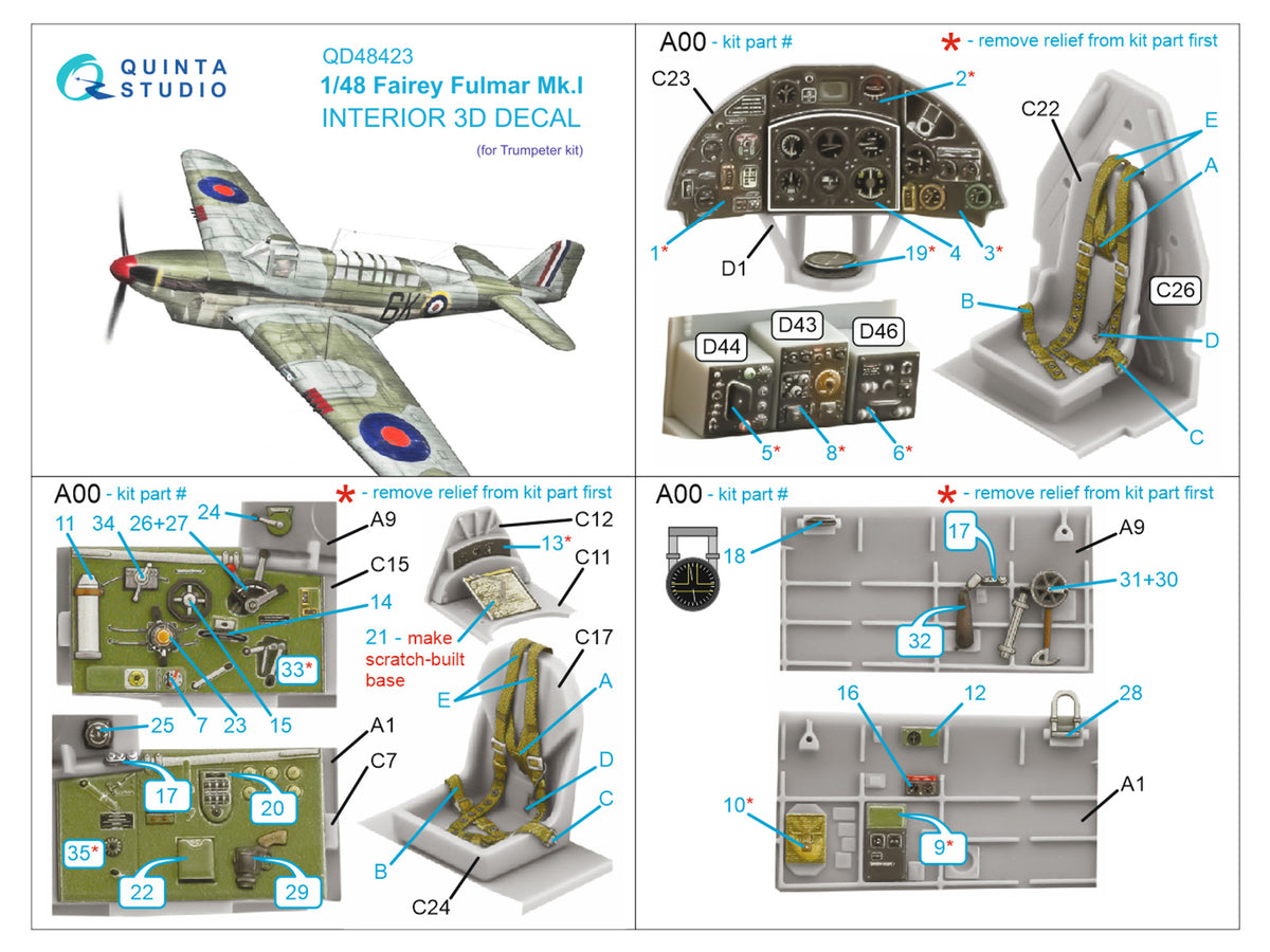 Fairey Fulmar Mk.I 3D-Printed coloured Interior on decal paper (designed to be used with Trumpeter kits)