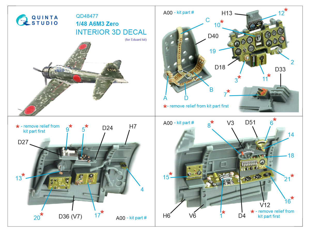 Mitsubishi A6M3 Zero 3D-Printed coloured Interior on decal paper (designed to be used with Eduard kits)