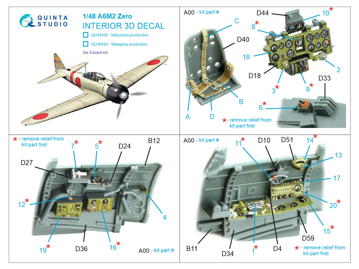 Mitsubishi A6M2 Zero Mitsubishi Production 3D-Printed coloured Interior on decal paper (designed to be used with Eduard kits)