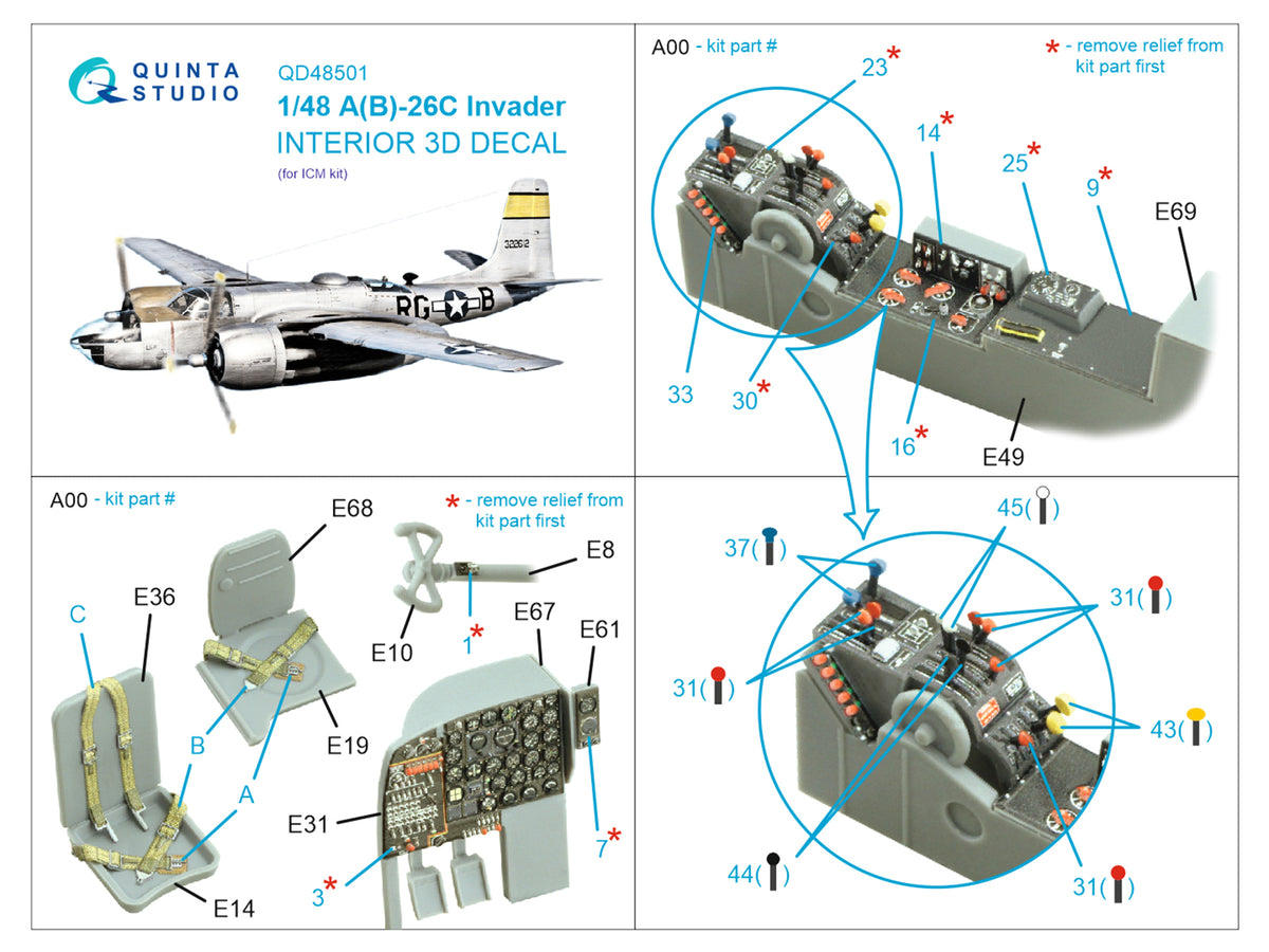 Douglas A-26C Invader 3D-Printed coloured Interior on decal paper (designed to be used with ICM UA UK kits)