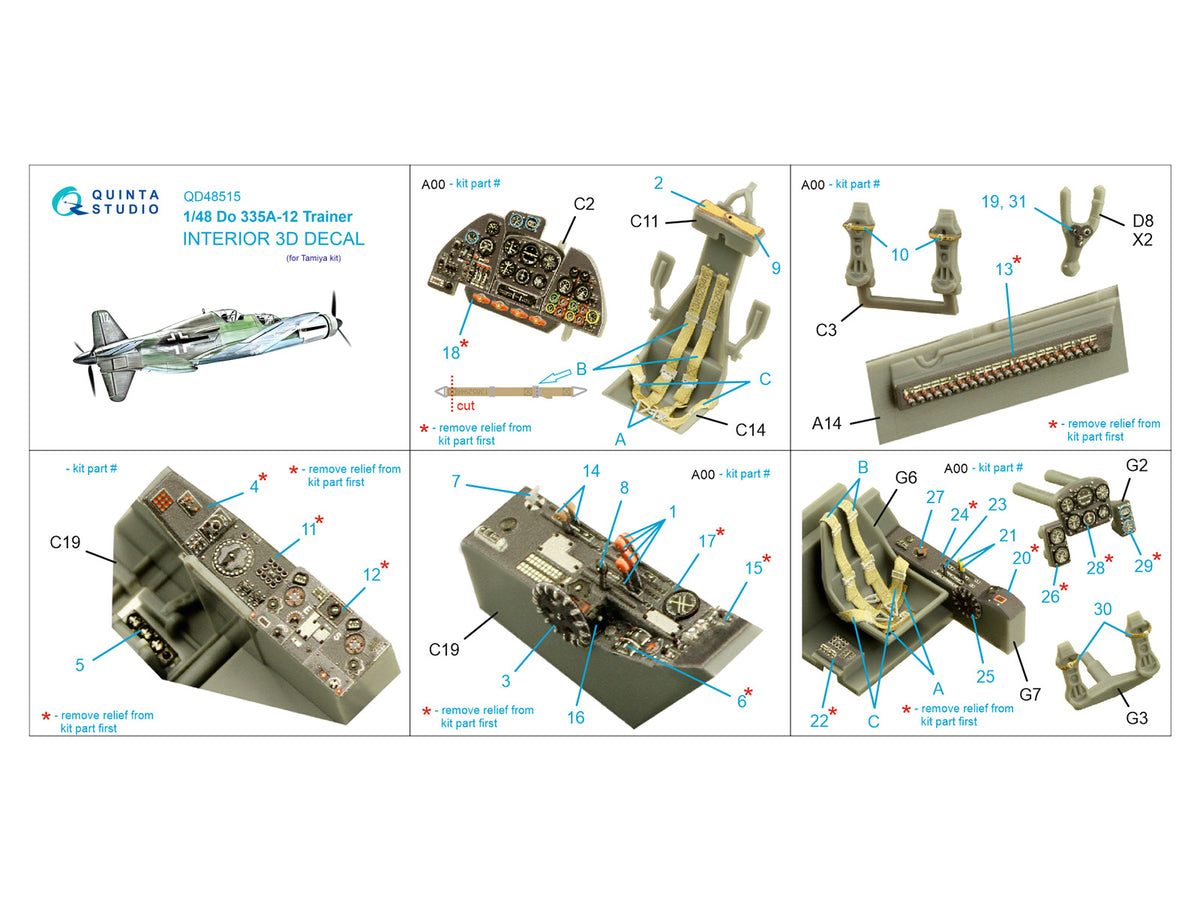 Dornier Do-335A-12 Trainer 3D-Printed coloured Interior on decal paper (designed to be used with Tamiya)