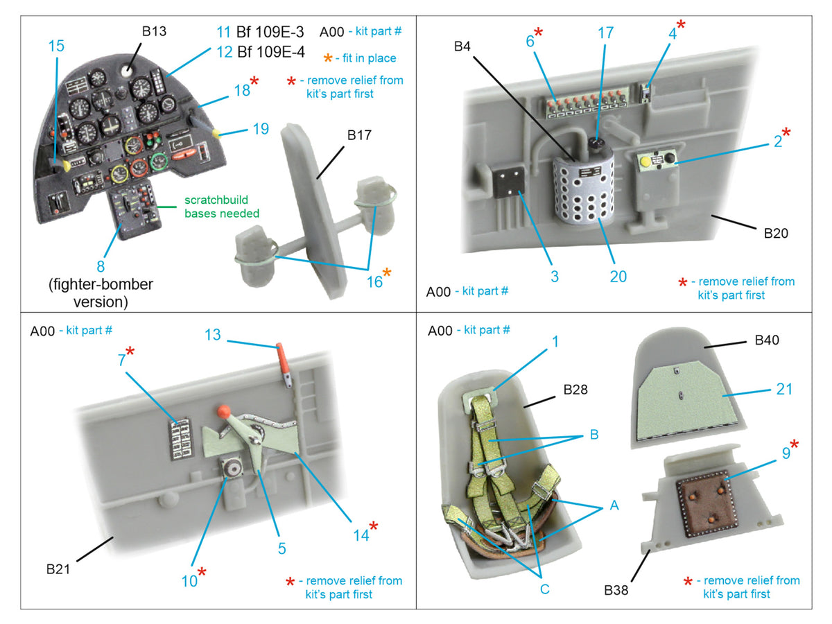 Messerschmitt Bf-109E-3/4 3D-Printed & coloured Interior on decal paper (designed to be used with Hobby Boss kits)