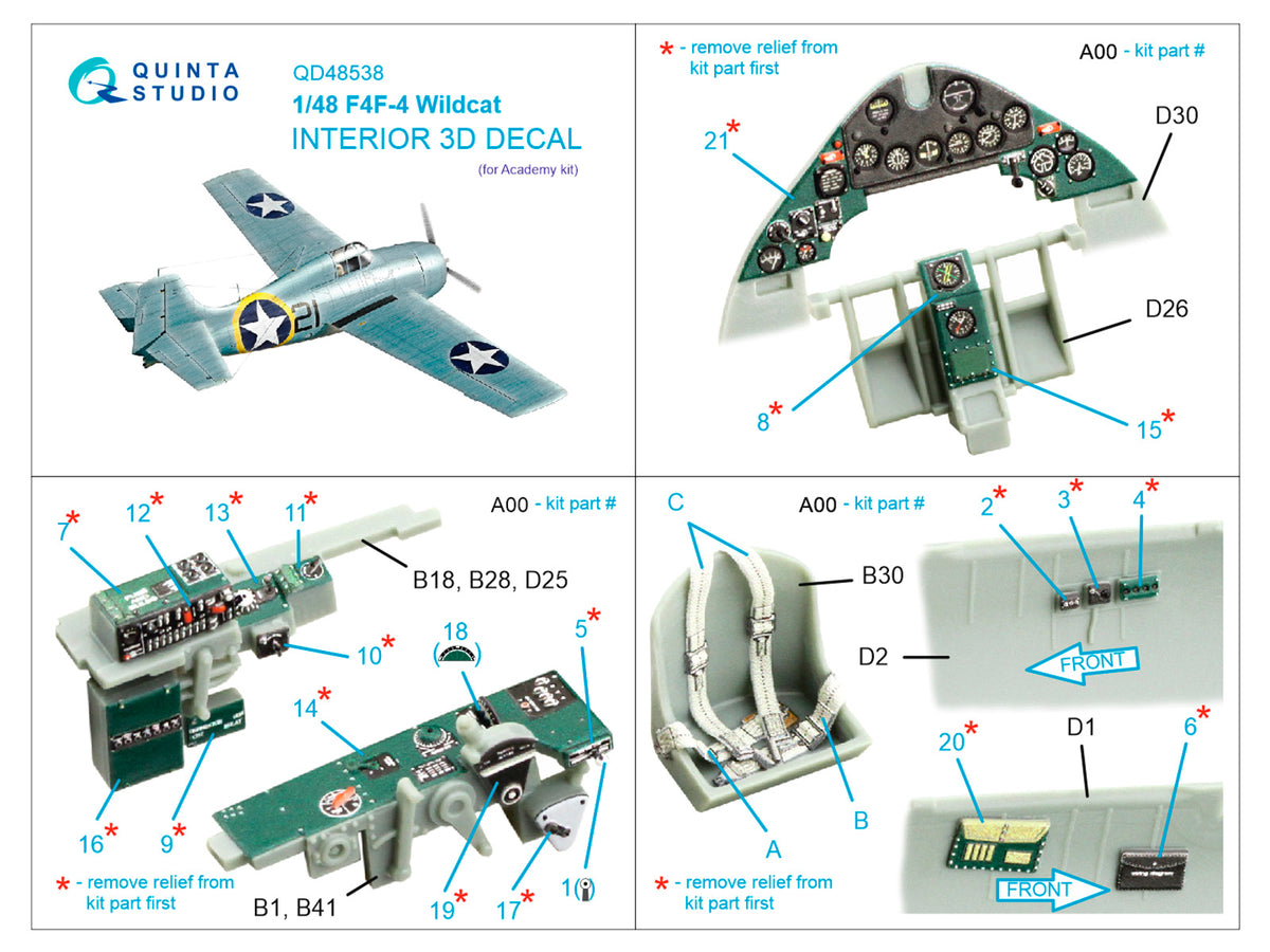 Grumman F4F-4 Wildcat 3D-Printed coloured Interior on decal paper (Academy)