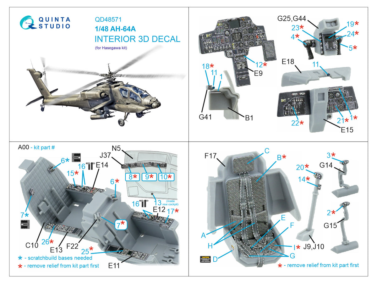 Bell/Boeing AH-64A 3D-Printed & coloured Interior on decal paper (designed to be used with Hasegawa kits)