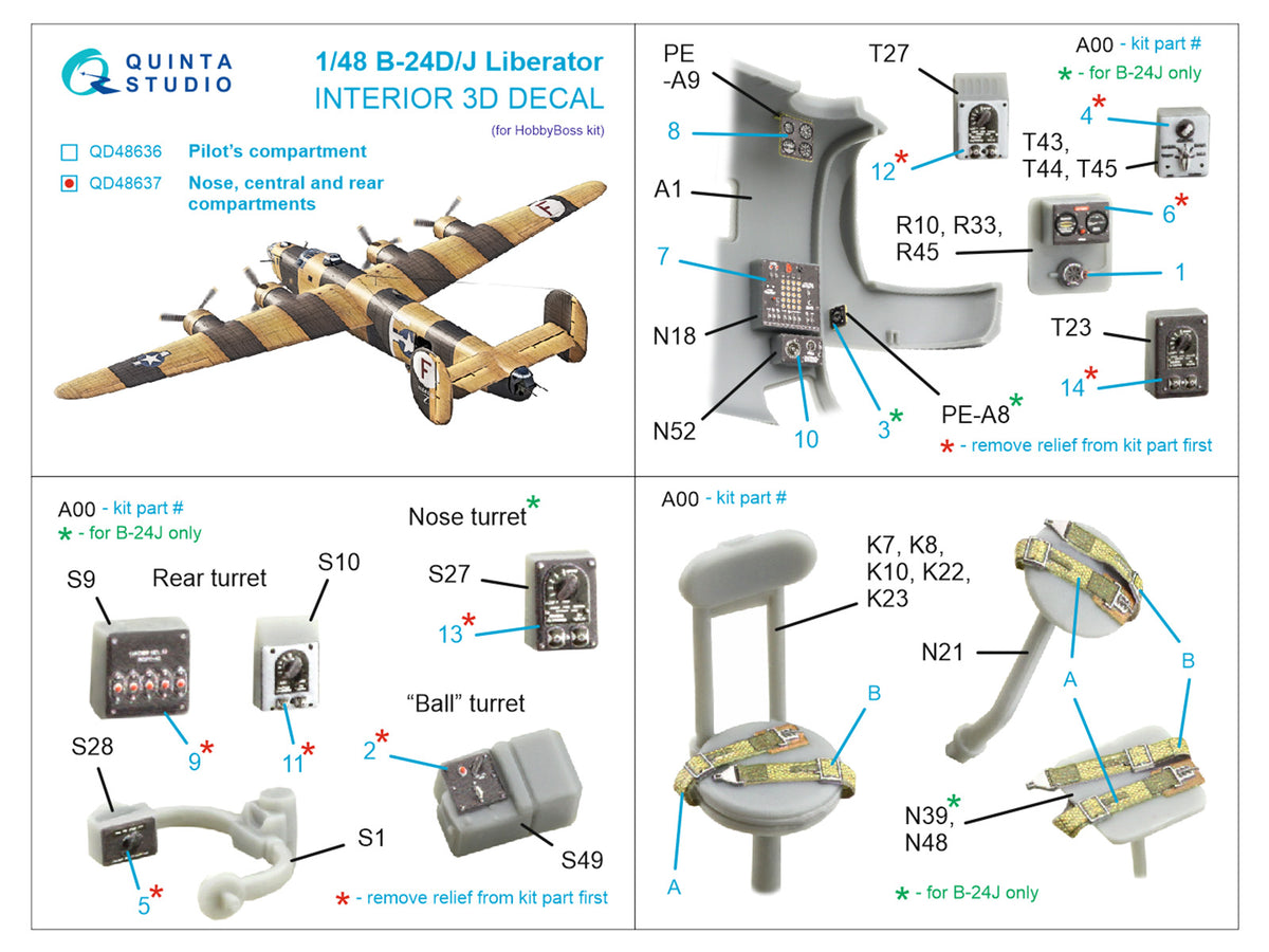 Consolidated B-24D/Consolidated B-24J Liberator. Nose, central and rear compartments. 3D-Printed & coloured Interior on decal paper (designed to be used with Hobby Boss kits)