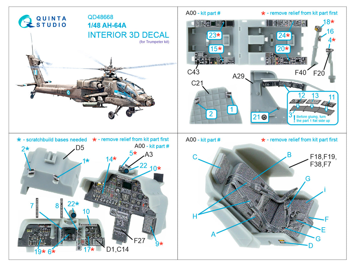 BACK IN STOCK!!! Bell/Boeing AH-64A Apache 3D-Printed & coloured Interior on decal paper (designed to be used with Trumpeter kits)