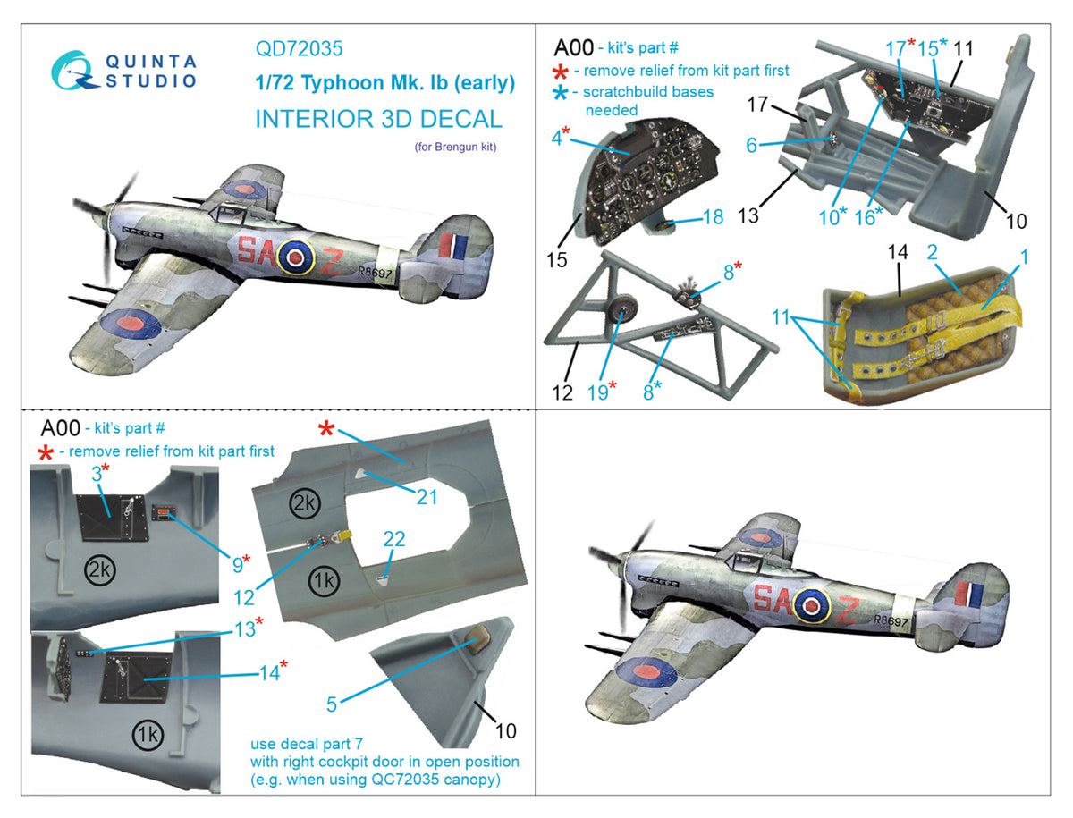 Hawker Typhoon Mk.Ib early 3D-Printed coloured Interior on decal paper (designed to be used with Brengun kits)