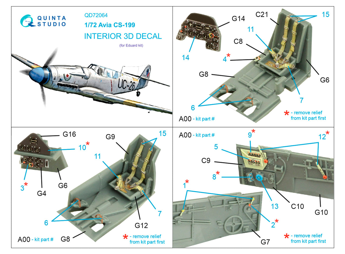 Avia CS-199 3D-Printed coloured Interior on decal paper (designed to be used with Eduard kits)