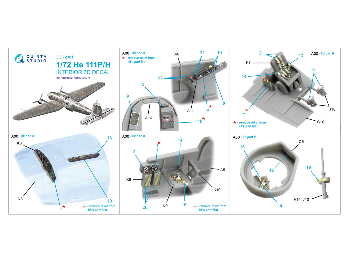 Heinkel He-111P/H 3D-Printed & coloured Interior on decal paper (designed to be used with Hasegawa kits)
