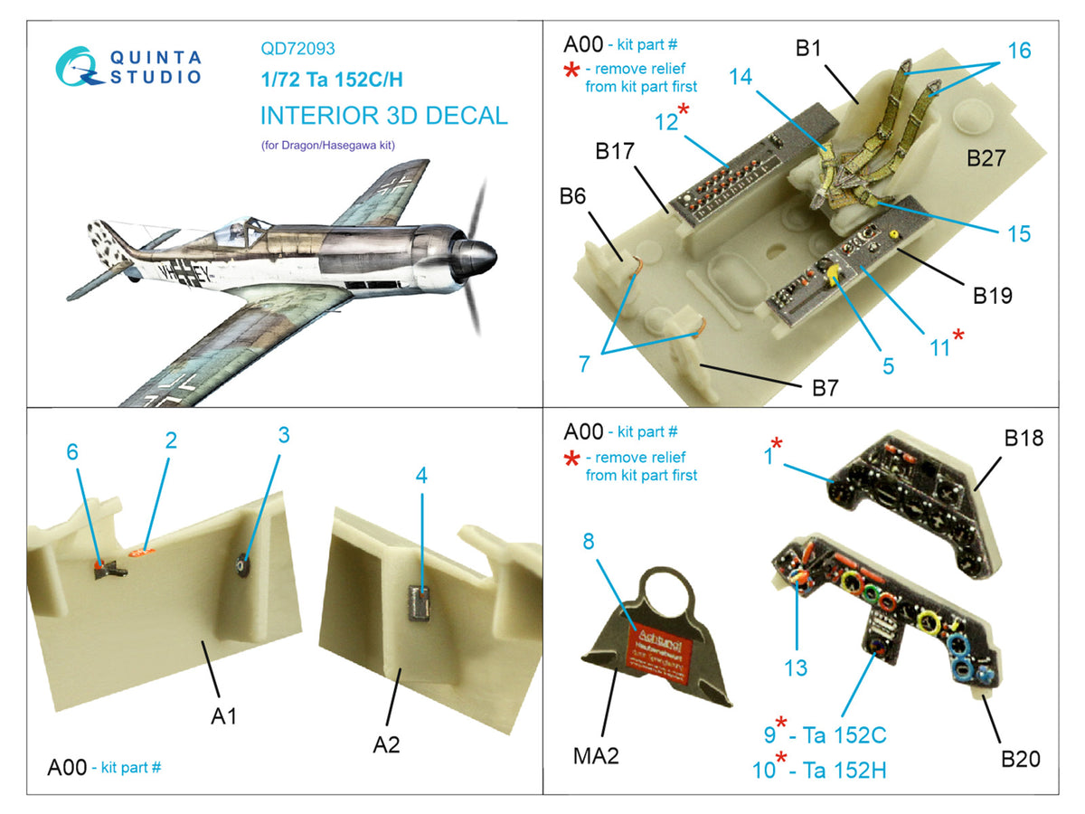Focke-Wulf Ta-152C/H 3D-Printed coloured Interior on decal paper (designed to be used with Dragon kits) [Ta-152H]