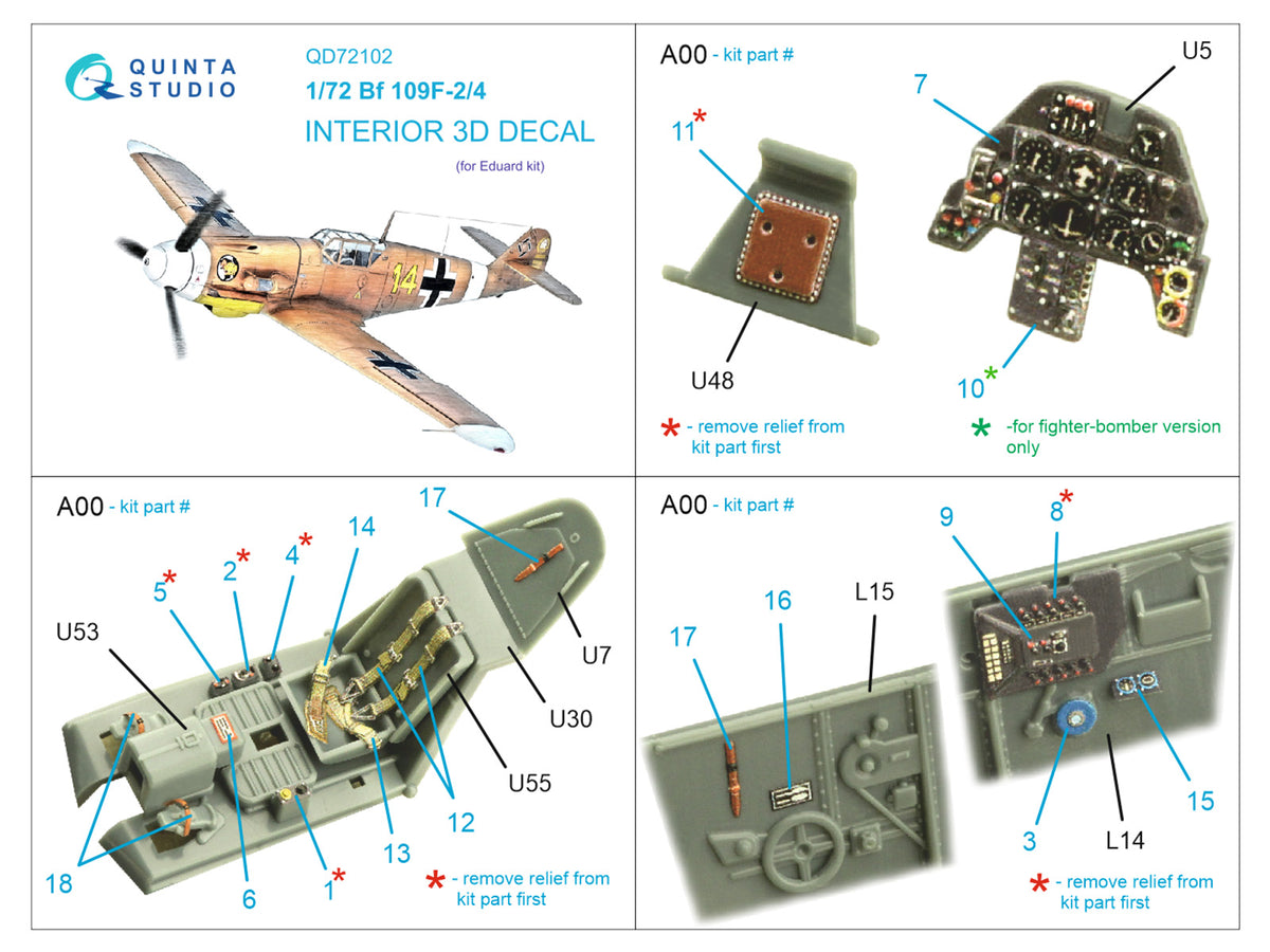 Messerschmitt Bf-109F-2/4 3D-Printed coloured Interior on decal paper (designed to be used with Eduard kits)