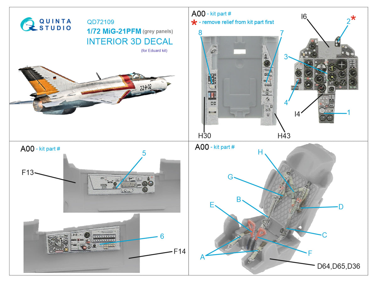 Mikoyan MiG-21PFM Gray panels 3D-Printed coloured Interior on decal paper (designed to be used with Eduard kits)
