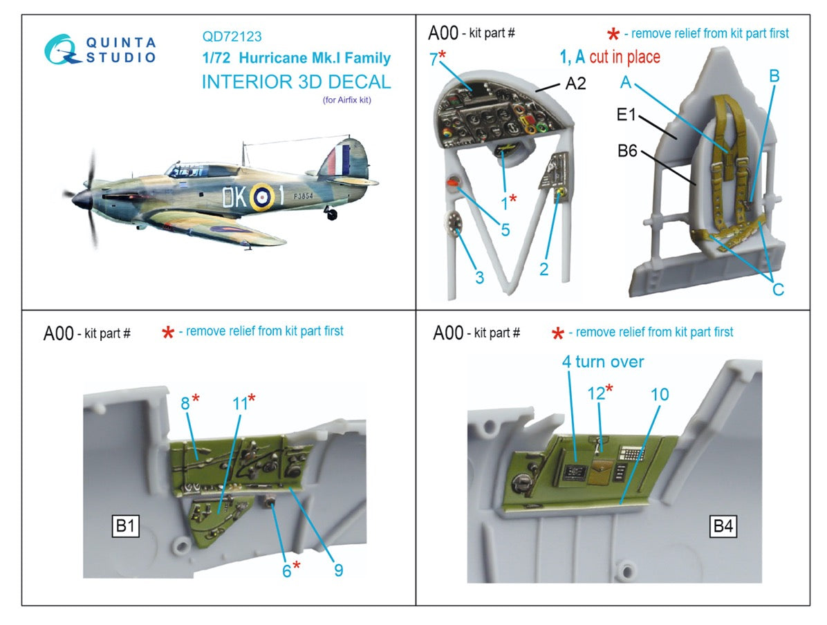 Hawker Hurricane Mk.I family 3D-Printed coloured Interior on decal paper (designed to be used with Airfix kits)
