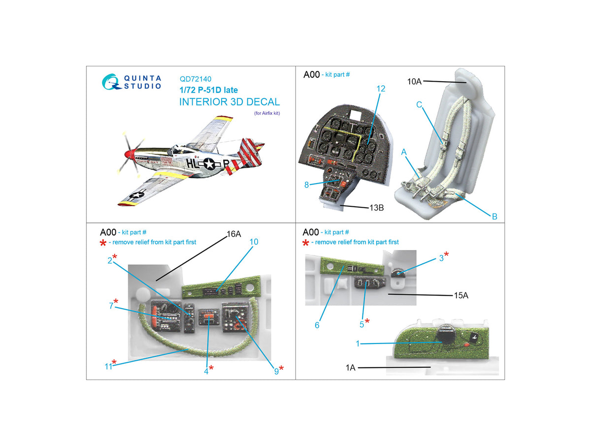 North-American P-51D Mustang late 3D-Printed coloured Interior on decal paper (designed to be used with Airfix kits)