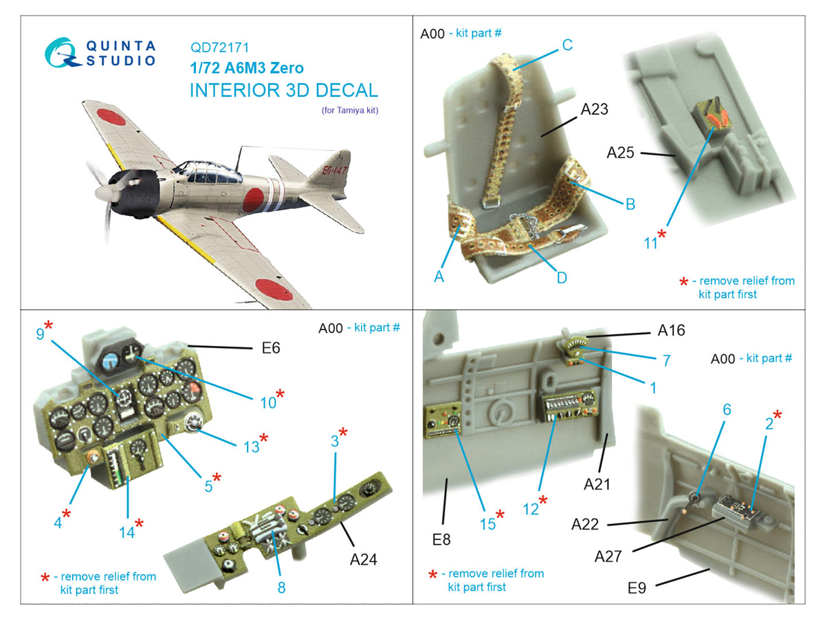 Mitsubishi A6M3 Zero 3D-Printed coloured Interior on decal paper (designed to be used with Tamiya kits)