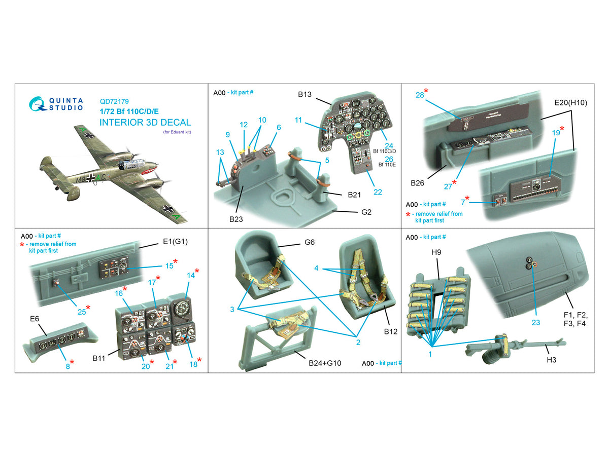 Messerschmitt Bf-110C/Bf-110D/Bf-110E 3D-Printed coloured Interior on decal paper (designed to be used with Eduard kits)[Bf-110C/D]