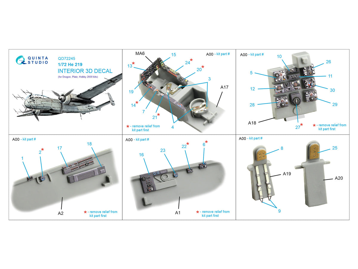 Heinkel He-219 3D-Printed & coloured Interior on decal paper (designed to be used with Dragon kits)[He-219A-0 UHU He-219LTV A-7 Owl He-219B-1]
