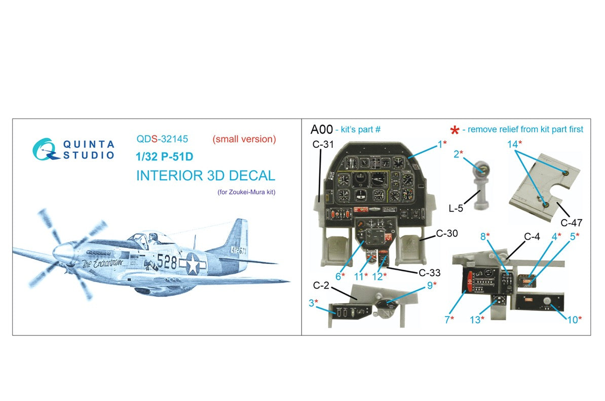 North-American P-51D Mustang 3D-Printed coloured Interior on decal paper (designed to be used with Zoukei-Mura kits) (Small version)