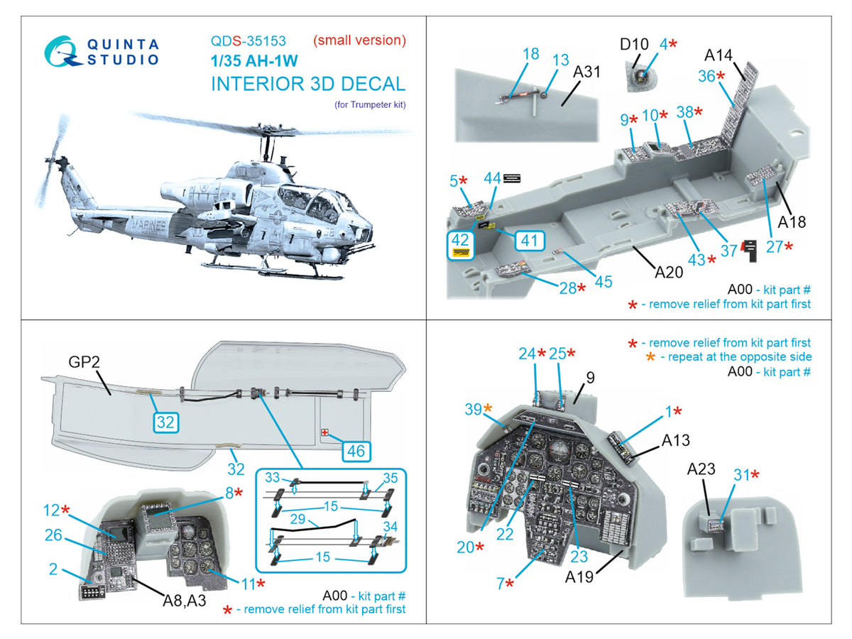 Bell AH-1W 3D-Printed & coloured Interior on decal paper (designed to be used with Trumpeter kits) (Small version)