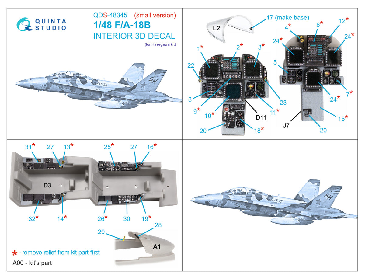 Boeing F/A-18B 3D-Printed coloured Interior on decal paper (designed to be used with Hasegawa kits) (SMALL VERSION)