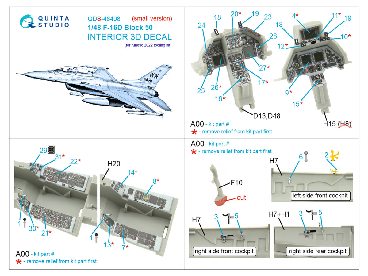 Lockheed-Martin F-16D block 50 3D-Printed coloured Interior on decal paper (designed to be used with Kinetic Model (Kinetic 2022 tooled kits) (SMALL VERSION)