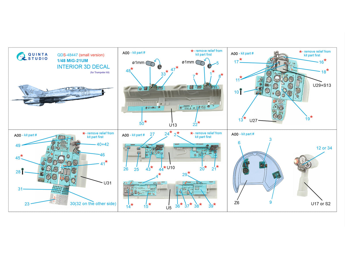 Mikoyan MiG-21UM 3D-Printed coloured Interior on decal paper (designed to be used with Trumpeter kits) (Small version)