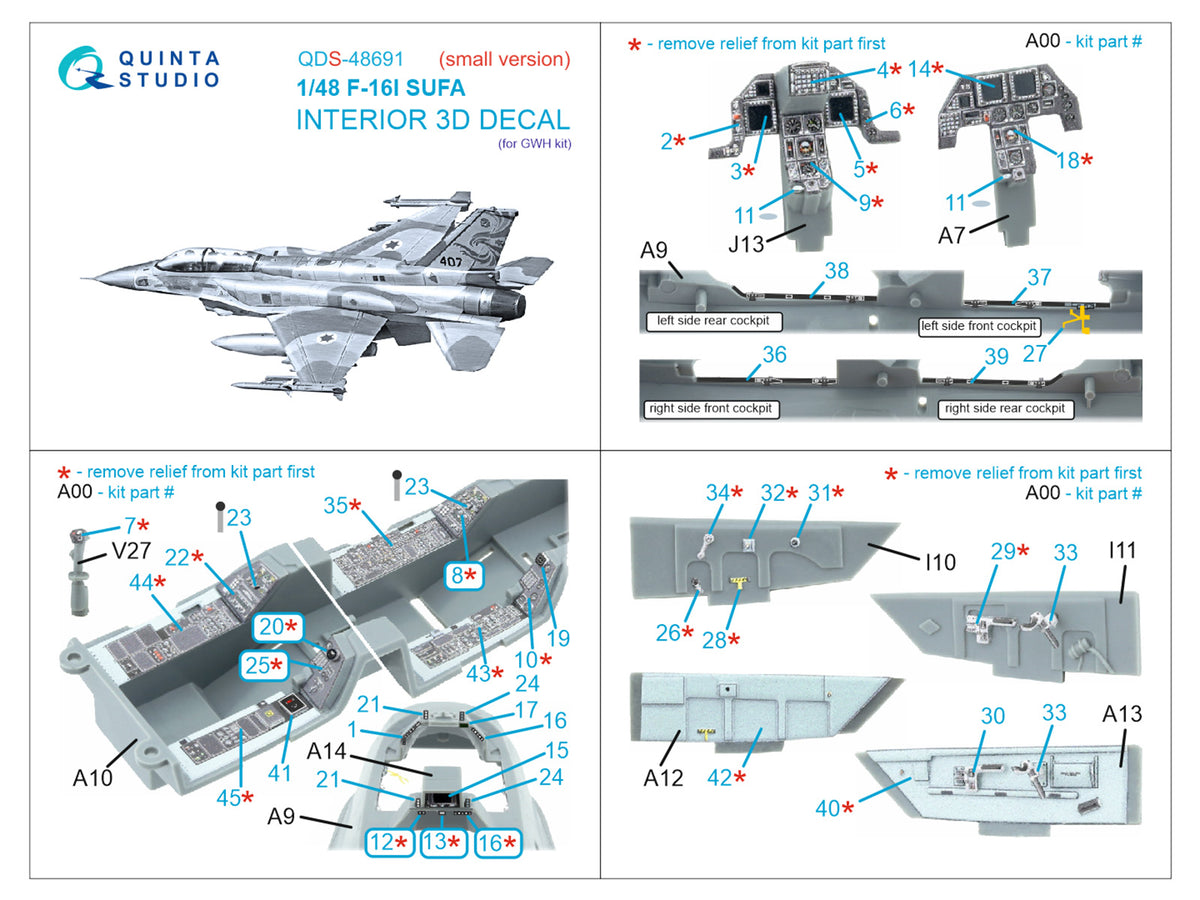Lockheed-Martin F-16I SUFA 3D-Printed & coloured Interior on decal paper (designed to be used with Great Wall Hobby kits) (Small version)
