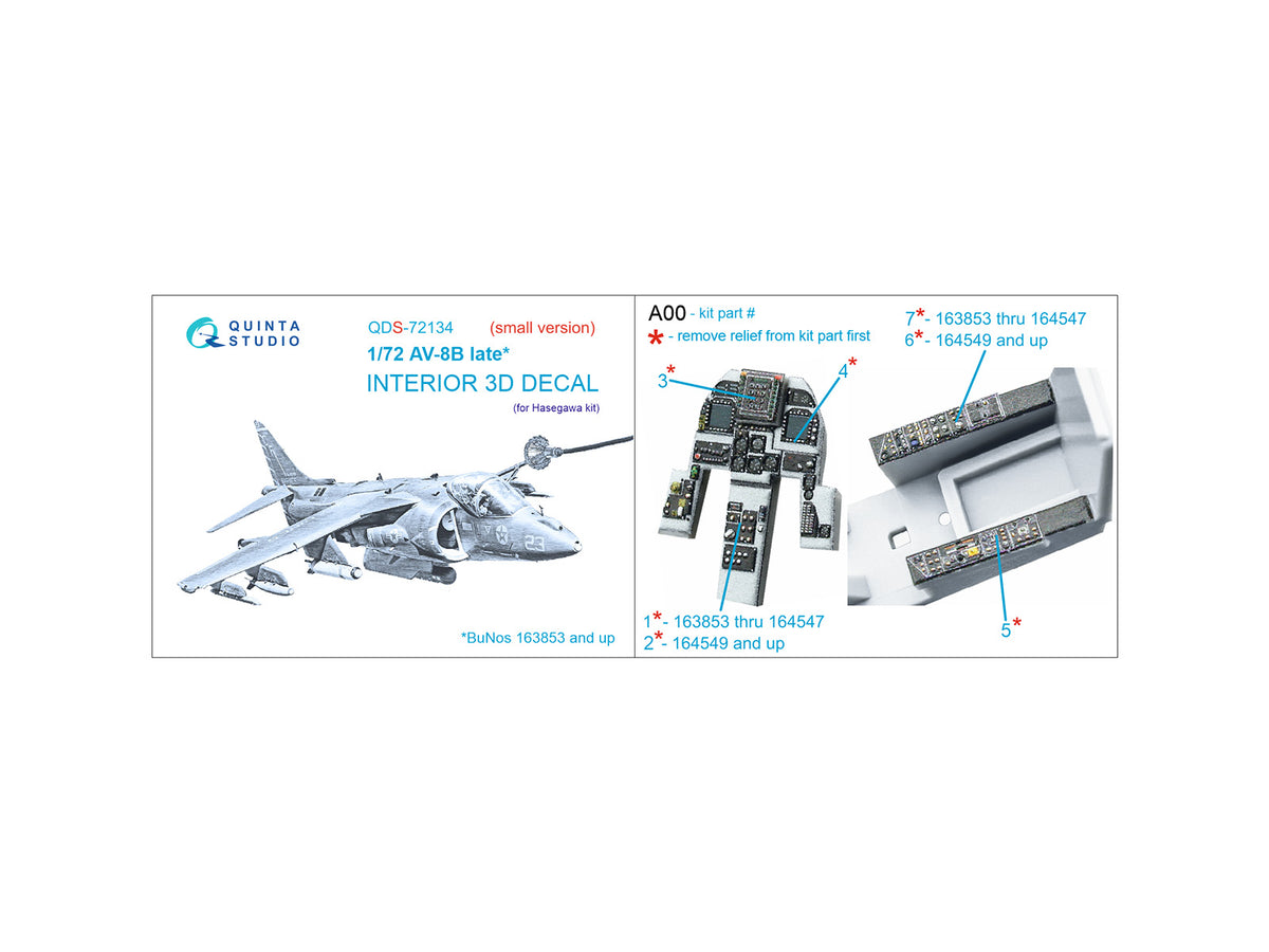 McDonnell-Douglas AV-8B late 3D-Printed coloured Interior on decal paper (designed to be used with Hasegawa kits) (small version)