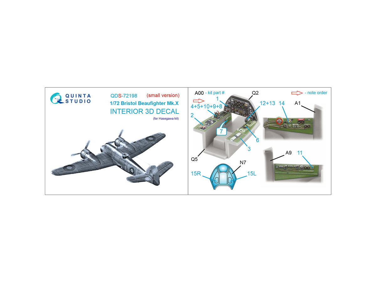 Bristol Beaufighter Mk.X 3D-Printed & coloured Interior on decal paper (designed to be used with Hasegawa kits) (small version)