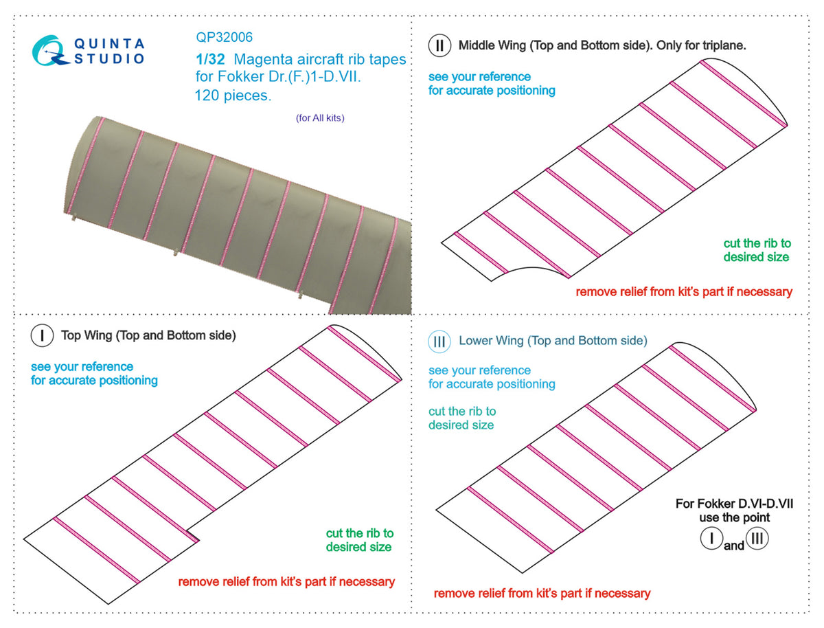 Magenta rib tapes Fokker Dr. (F.)I-D.VII (All kits) (3D-Printed) (designed to be used with Wingnut Wings kits)