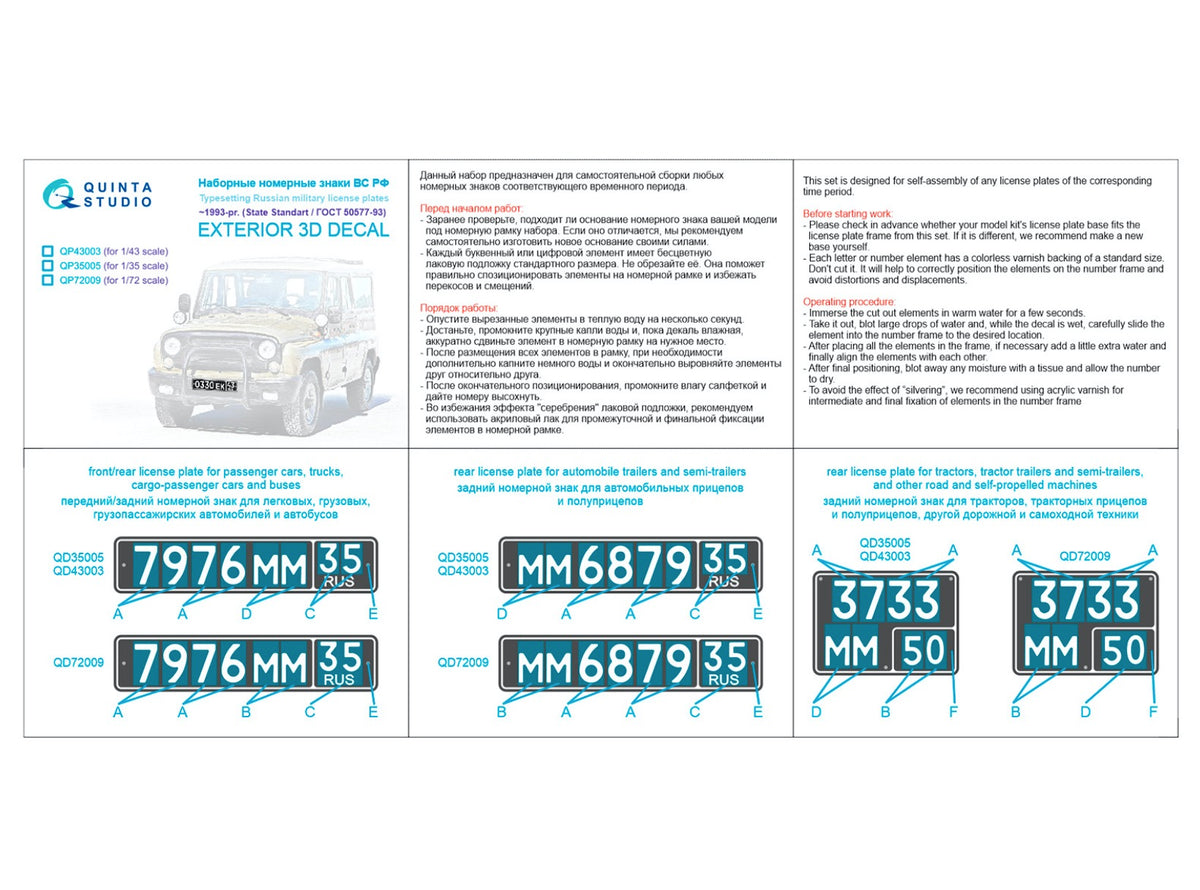 Typesetting Russian military license plates ~1993-Present (State Standard 50577-93) (3D-Printed)(all kits)