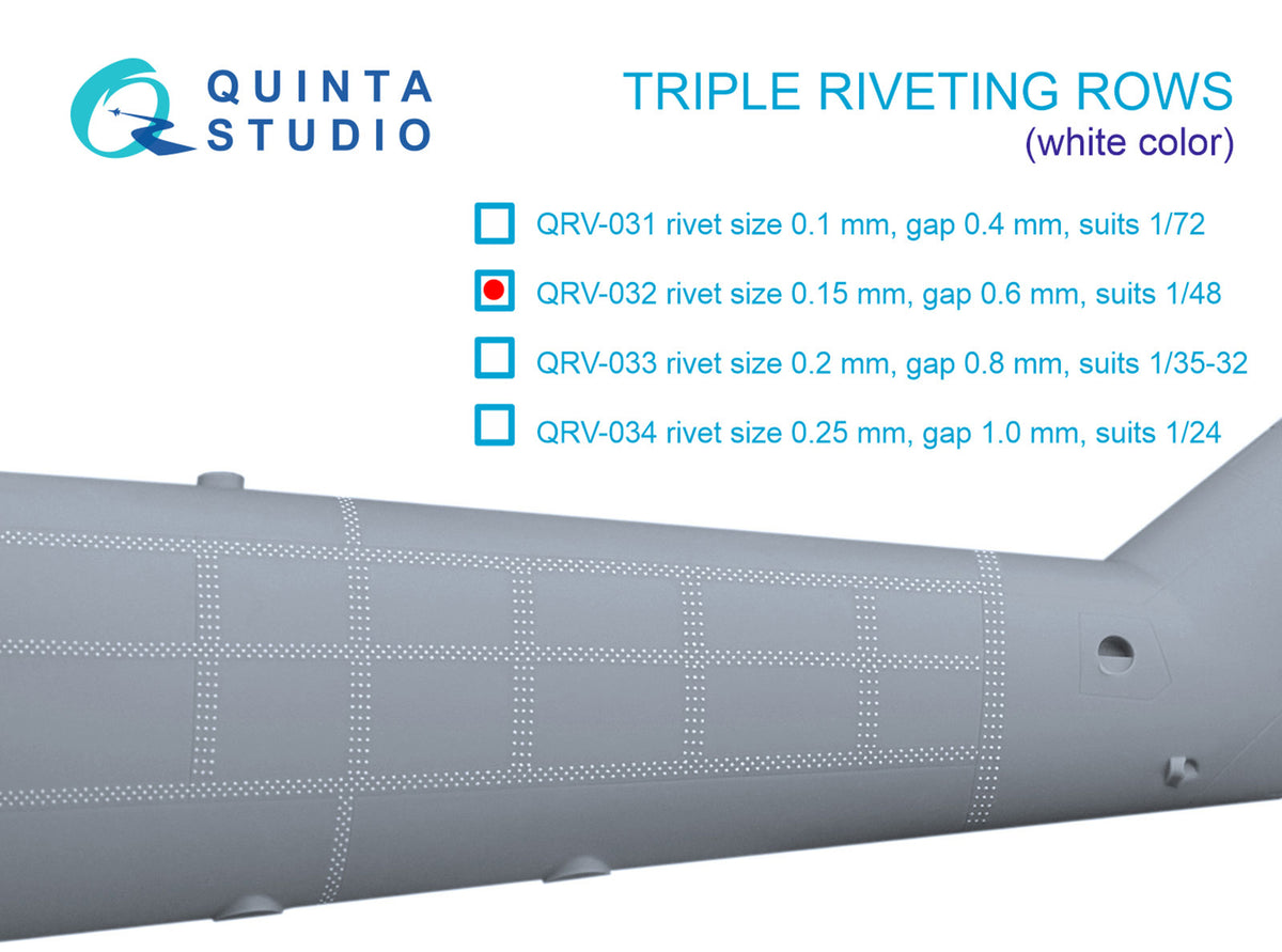 Triple riveting rows (rivet size 0.15 mm, gap 0.6 mm, suits 1/48 scale), White color, total length 4.4 m/14 ft