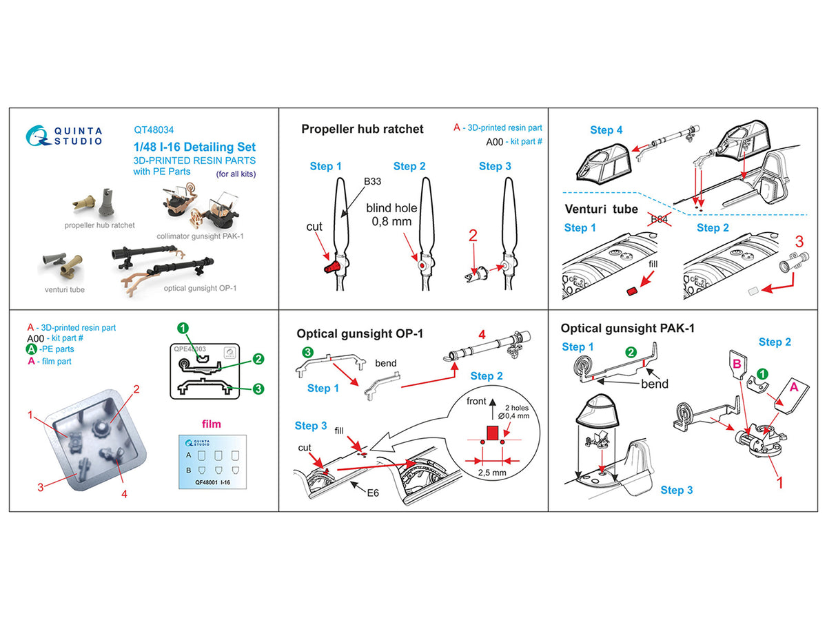 Polikarpov I-16 Detail set: Propeller hub ratchet, Venturi tube, PAK-1 gunsight, OP-1 gunsight (3D-Printed)(designed to be used with Zvezda kits)