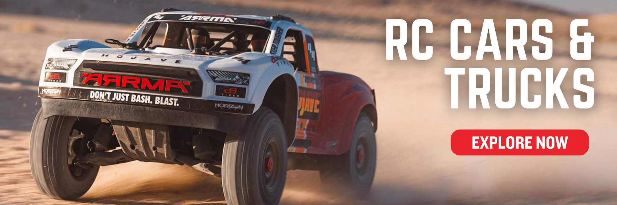 Radio-controlled truck on a dirt track with promotional text for RC cars and trucks.