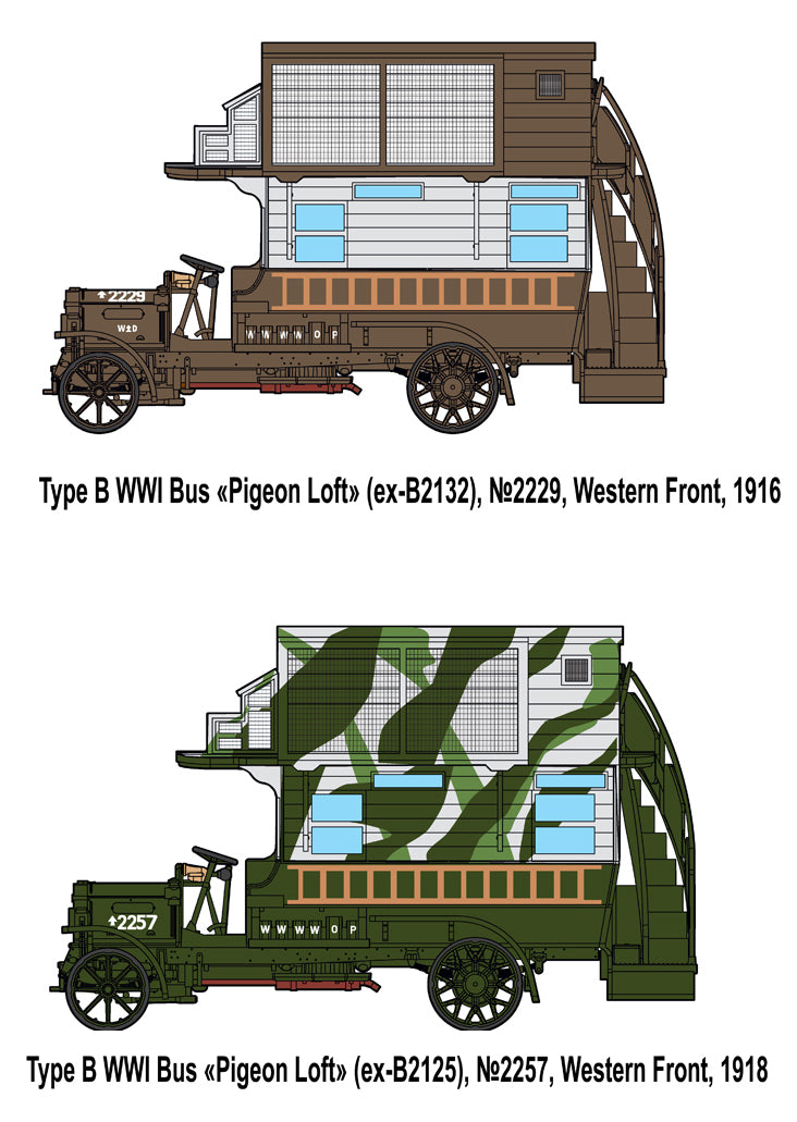 WWI Type B Omnibus 'Pigeon Loft'Markings for two Pigeon Lofts: (1) nº–2229 ex-B2132, Western Front 1916; (2) nº–2257 ex-B2125, Western Front 1918.