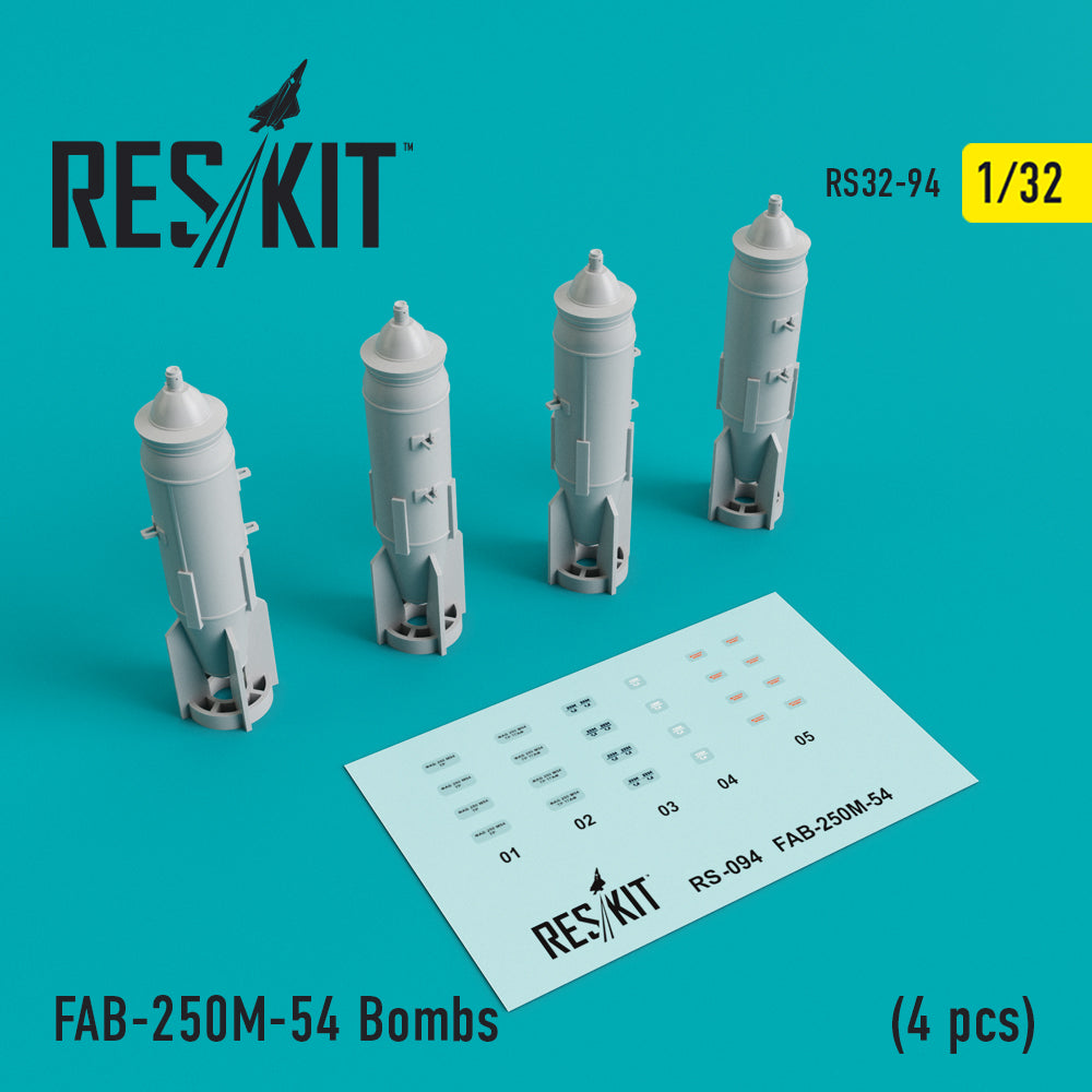 FAB-250M-54 Bombs (4 pcs) as fitted to Sukhoi Su-25K/Su-25UB Frogfoot , Mikoyan MiG-21F-13/MiG-21MF/MiG-21UM/MiG-27 (designed to be used with Trumpeter kits) (Reskit sold out March 2025)