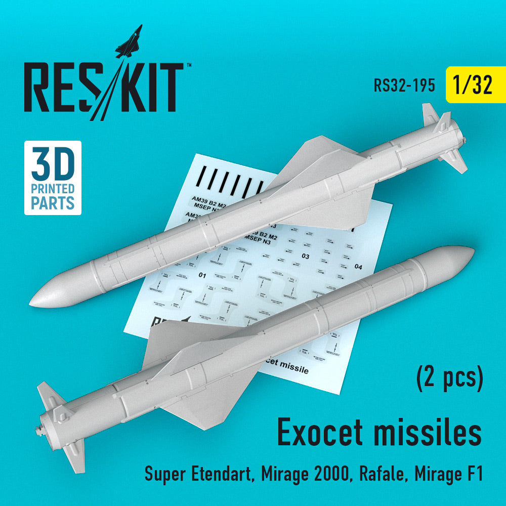 Exocet missiles (2 pcs) (Dassault Super Etendard, Mirage 2000, Rafale, Mirage F1) (designed to be used with Italeri, Kitty Hawk Models and Revell kits) WILL BE REPLACED BY A 3D-Printed SET IN THE NEAR FUTURE.