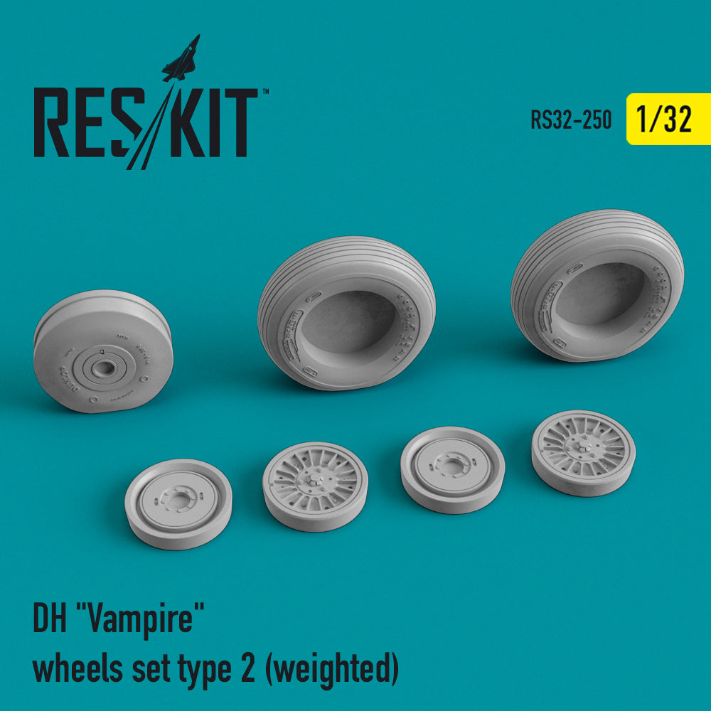 de Havilland Mk.3/Mk.5 Vampire wheels set type 2 (bulged tyre/weighted effect) (designed to be used with Infinity Models kits) (discontinued by Reskit June 2025)