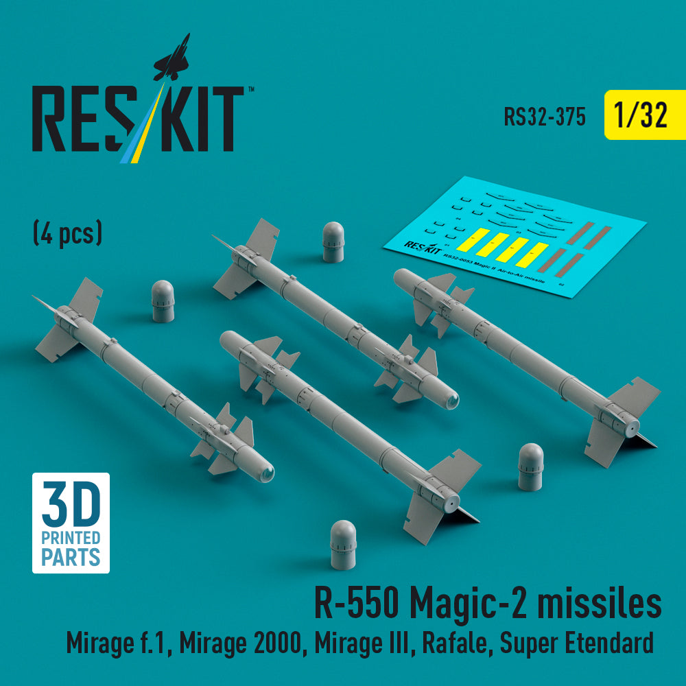 R.550 Magic-2 missiles (4 pcs) (Dassault_Mirage F.1, Mirage 2000, Dassault_Mirage IIIE/OI, Rafale, Super Etendard, Mikoyan MiG-21, Jaguar) (3D-Printed) (designed to be used with Kinetic Model kits)