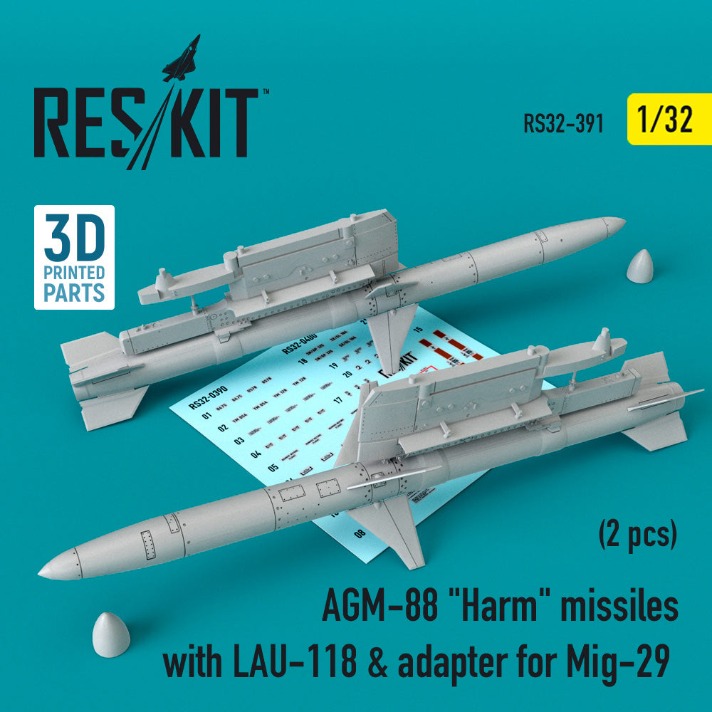 AGM-88 Harm missiles with LAU-118 & adapter for Mikoyan MiG-29 (2 pcs) (designed to be used with Trumpeter kits)[MiG-29K MIG-29A MiG-29C MiG-29UB] (ResKit sold out January 2026 so no more after we sell out)