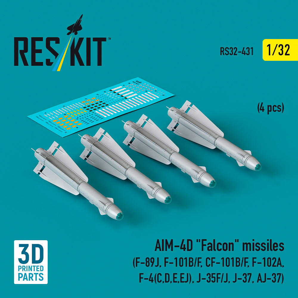 AIM-4D Falcon missiles (4 pcs) (F-89J, F-101B/F, CF-101B/F, F-102A, McDonnell F-4(C,D,E,EJ), J-35F/J, J-37, AJ-37) (3D-Printed)