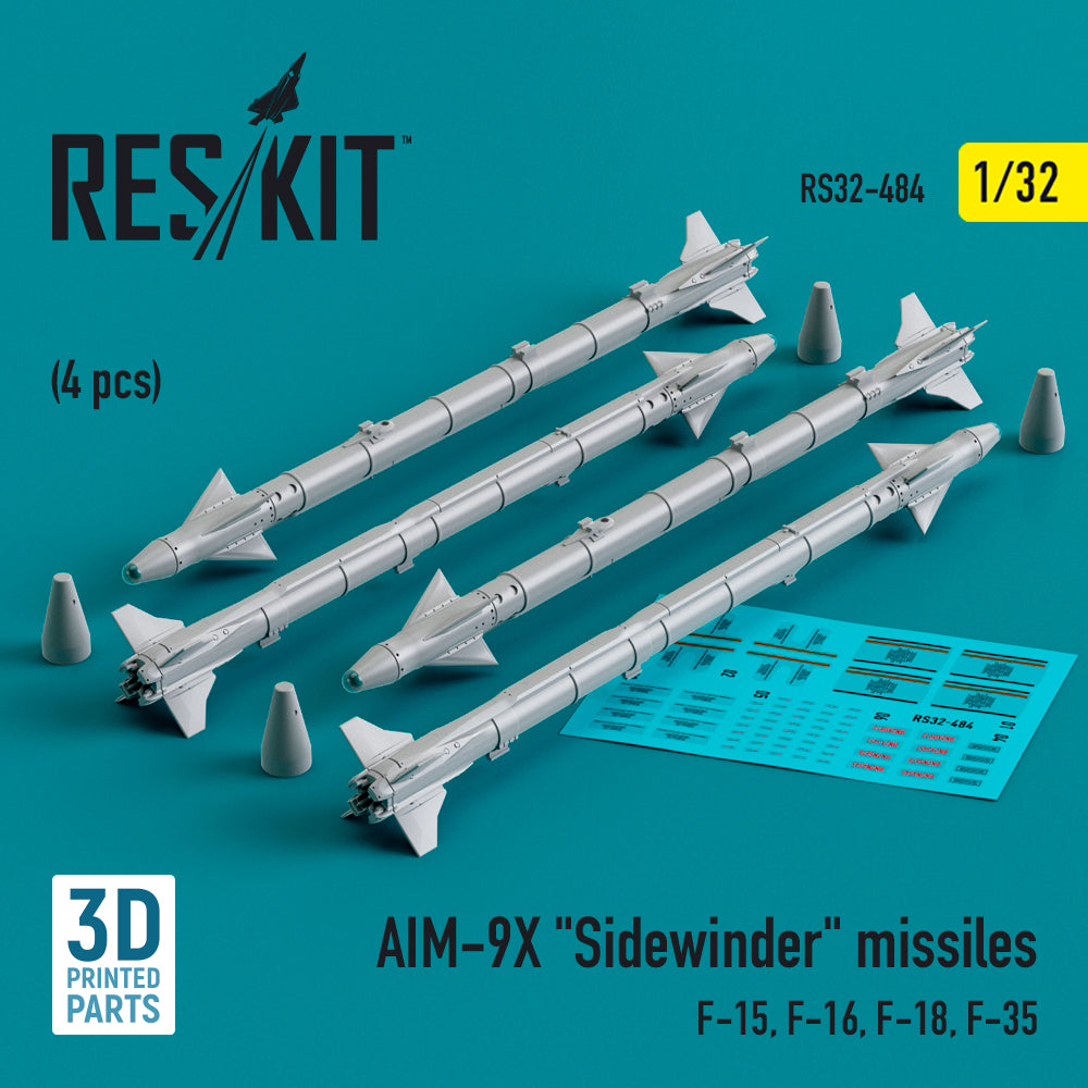 AIM-9X Sidewinder missiles (4 pcs) (McDonnell F-15, F-16, F-18, Lockheed-Martin F-35) (3D-Printed)