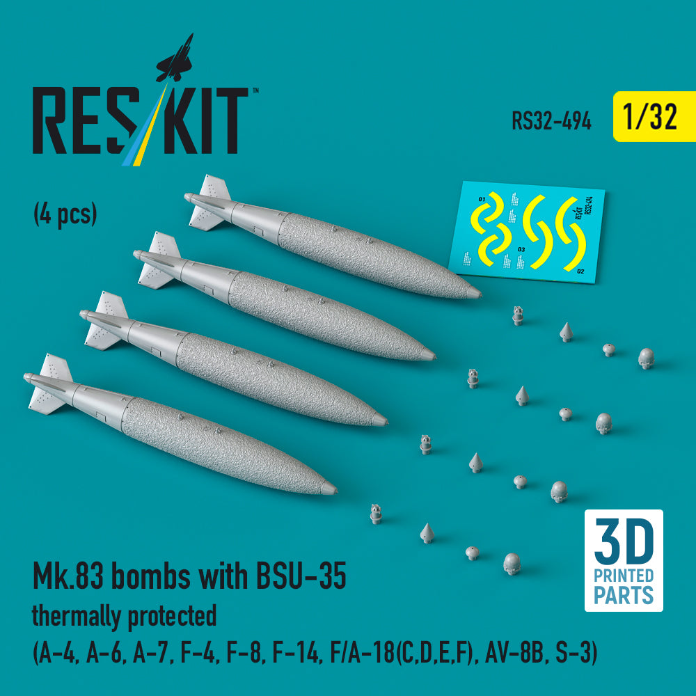 Mk.83 bombs with BSU-35 thermally protected (4 pcs) (Douglas A-4, A-6, LTV A-7, McDonnell F-4, F-8, Grumman F-14, F/A-18(C,D,E,F), McDonnell-Douglas AV-8B, Lockheed S-3A/S-3B Viking) (3D-Printed)