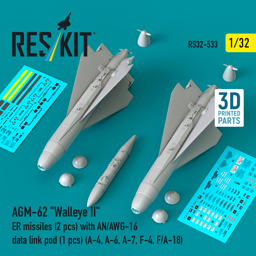 AGM-62 'Walleye II' ER missiles (2 pcs) with AN/AWG-16 data link pod (1 pcs) (Douglas A-4, A-6, LTV A-7, F-4, F/A-18) (3D-Printed) (1/32)