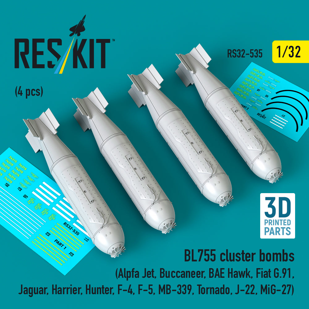 BL755 cluster bombs (4 pcs) (Alpha Jet, Blackburn Buccaneer, BAE Hawk, Fiat G.91, Sepecat Jaguar , Harrier, Hunter, McDonnell F-4, F-5, MB-339, Panavia Tornado , J-22, MiG-27) 3D-Printed